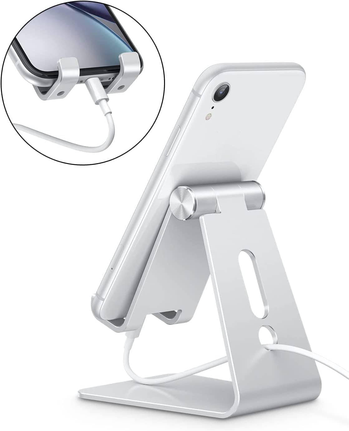 Adjustable Cell Phone Stand. OMOTON Aluminum Desktop Cellphone Stand with Anti-Slip Base and Convenient Charging Port. Fits All Smart Phones. Silver