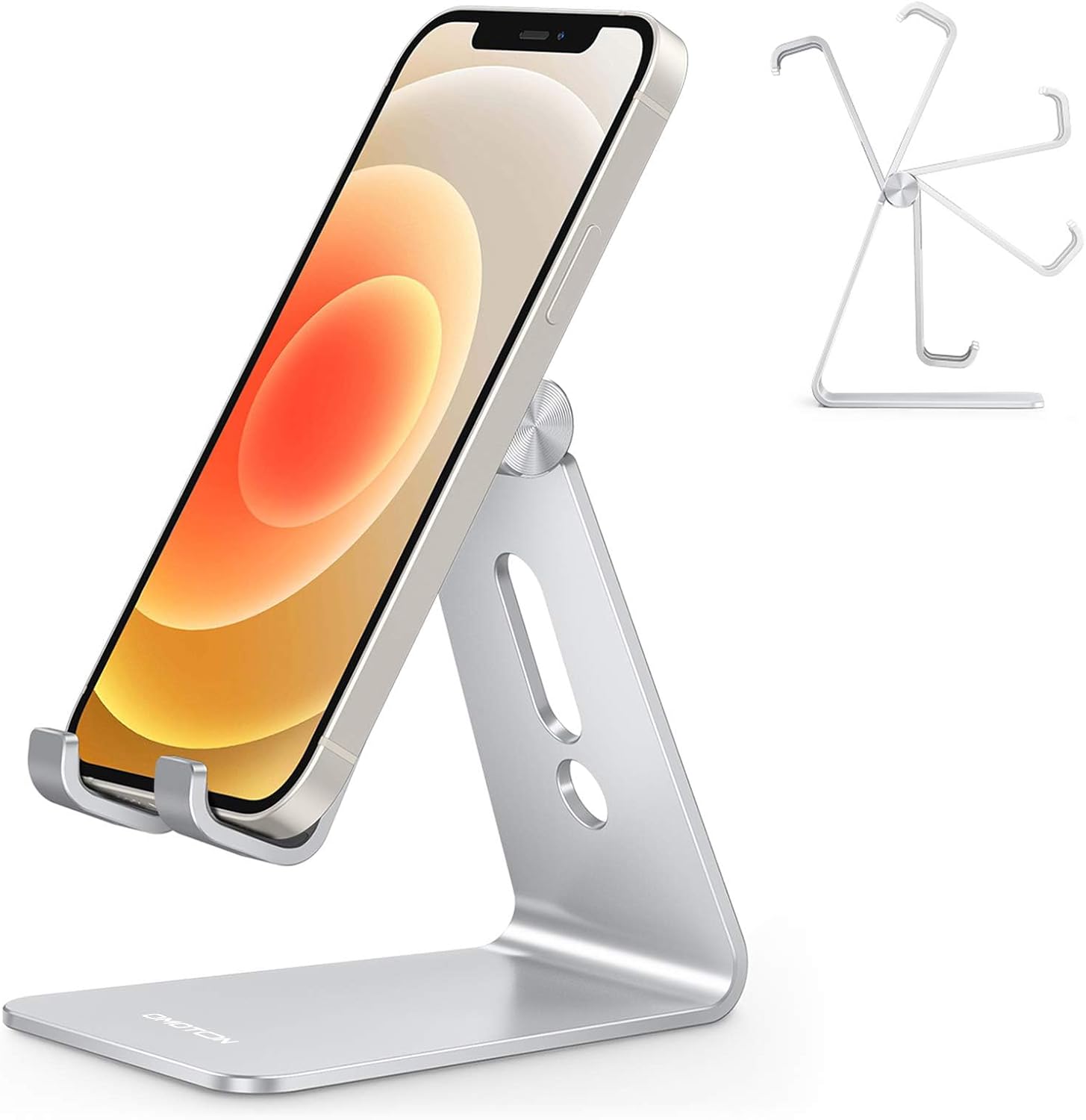 Adjustable Cell Phone Stand. OMOTON Aluminum Desktop Cellphone Stand with Anti-Slip Base and Convenient Charging Port. Fits All Smart Phones. Silver