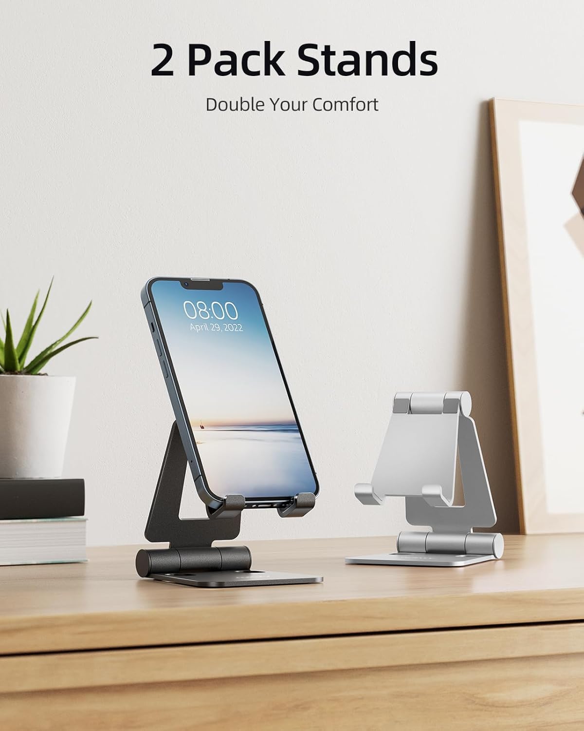 Nulaxy 2 Pack Fully Aluminum Dual Folding Cell Phone Stand. Adjustable Foldable Desktop Phone Holder for Desk Compatible with iPhone 17 16 15 14 13 12 11 Pro Max Xs Xr X 8. All Phones. Black & Silver