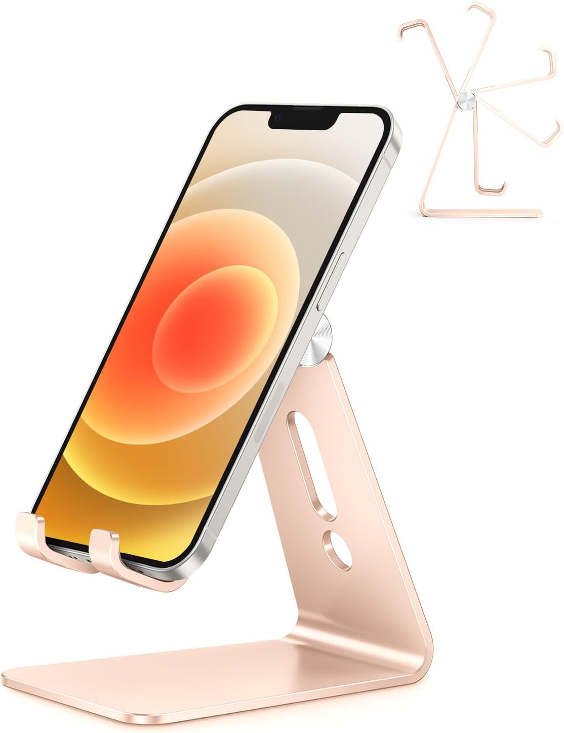 Adjustable Cell Phone Stand. OMOTON Aluminum Desktop Cellphone Stand with Anti-Slip Base and Convenient Charging Port. Fits All Smart Phones. Silver