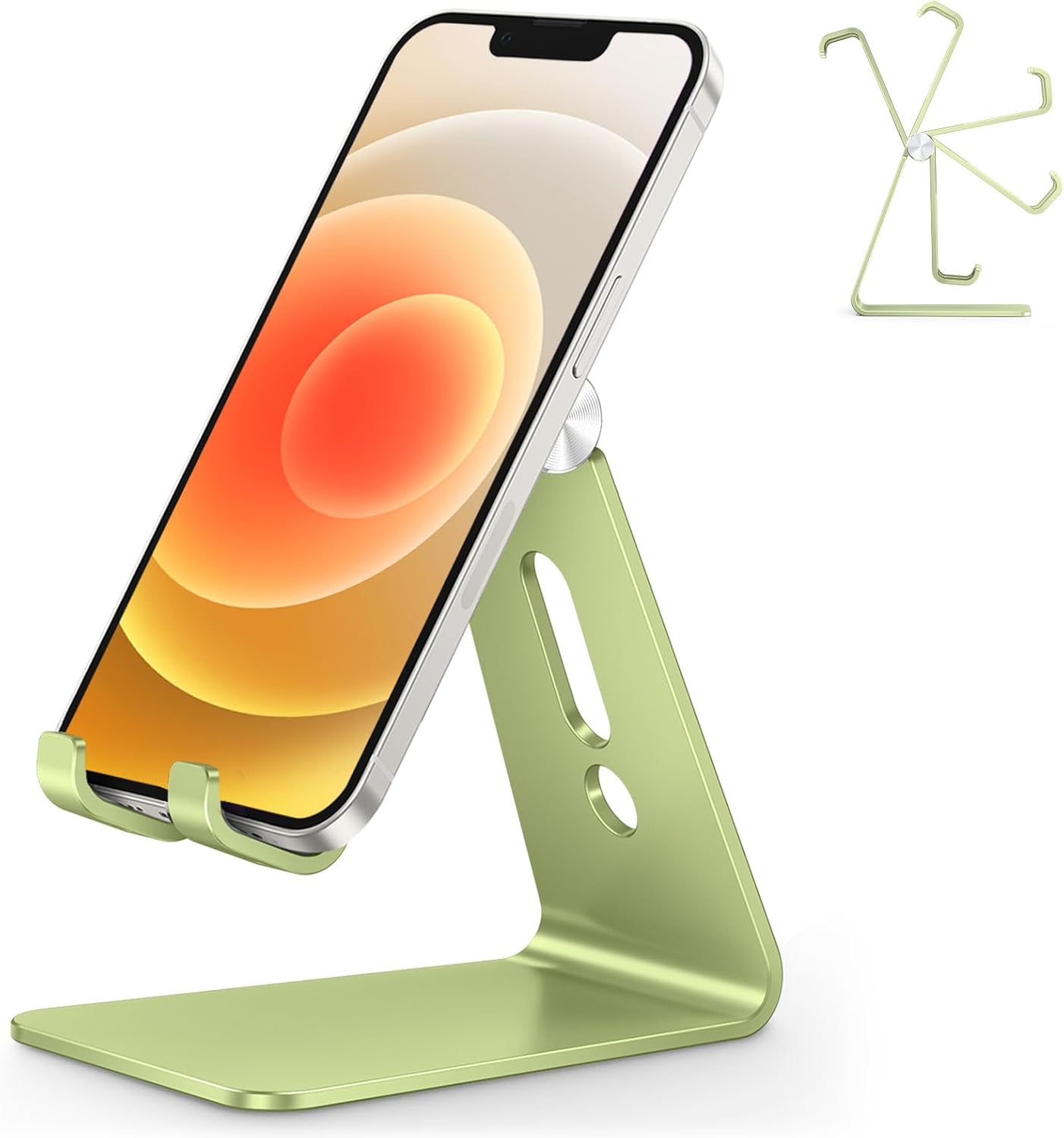 Adjustable Cell Phone Stand. OMOTON Aluminum Desktop Cellphone Stand with Anti-Slip Base and Convenient Charging Port. Fits All Smart Phones. Silver