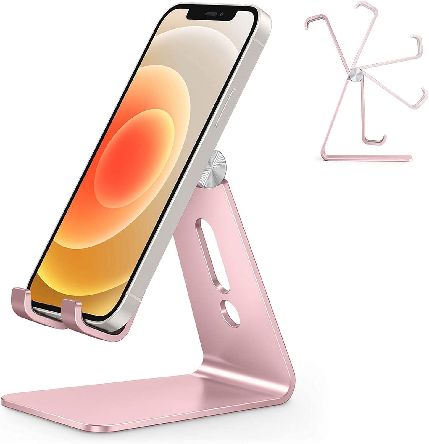 Adjustable Cell Phone Stand. OMOTON Aluminum Desktop Cellphone Stand with Anti-Slip Base and Convenient Charging Port. Fits All Smart Phones. Silver