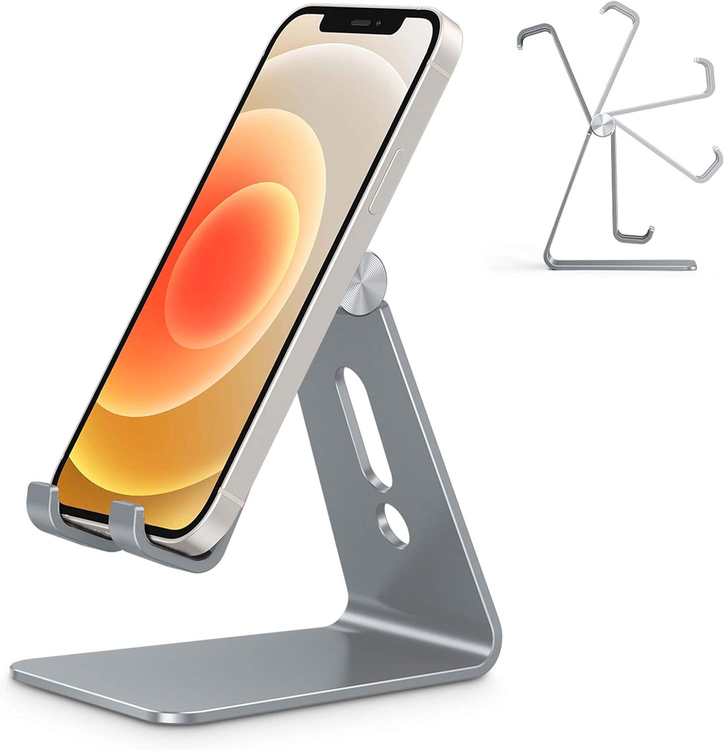 Adjustable Cell Phone Stand. OMOTON Aluminum Desktop Cellphone Stand with Anti-Slip Base and Convenient Charging Port. Fits All Smart Phones. Silver
