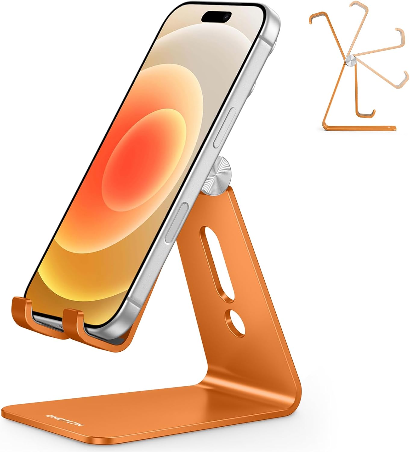 Adjustable Cell Phone Stand. OMOTON Aluminum Desktop Cellphone Stand with Anti-Slip Base and Convenient Charging Port. Fits All Smart Phones. Silver