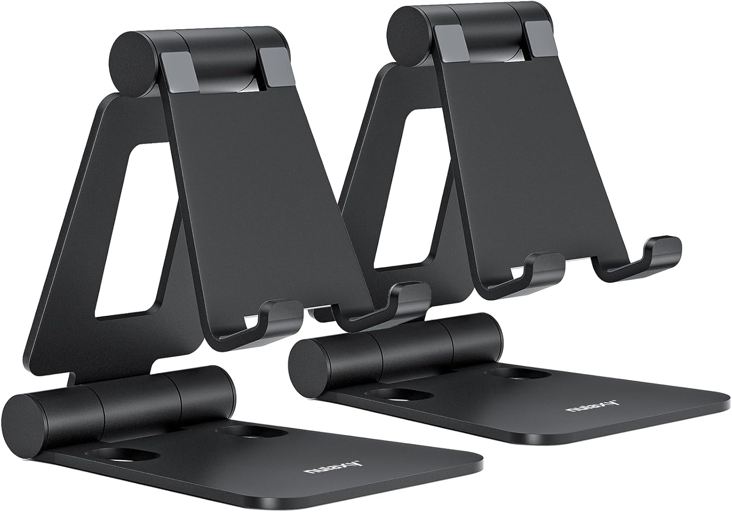 Nulaxy 2 Pack Fully Aluminum Dual Folding Cell Phone Stand. Adjustable Foldable Desktop Phone Holder for Desk Compatible with iPhone 17 16 15 14 13 12 11 Pro Max Xs Xr X 8. All Phones. Black & Silver