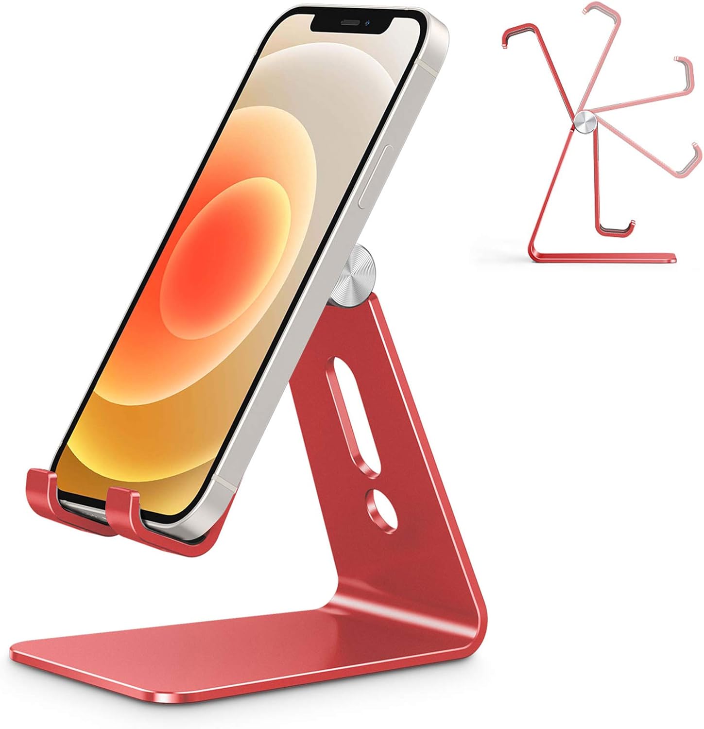 Adjustable Cell Phone Stand. OMOTON Aluminum Desktop Cellphone Stand with Anti-Slip Base and Convenient Charging Port. Fits All Smart Phones. Silver