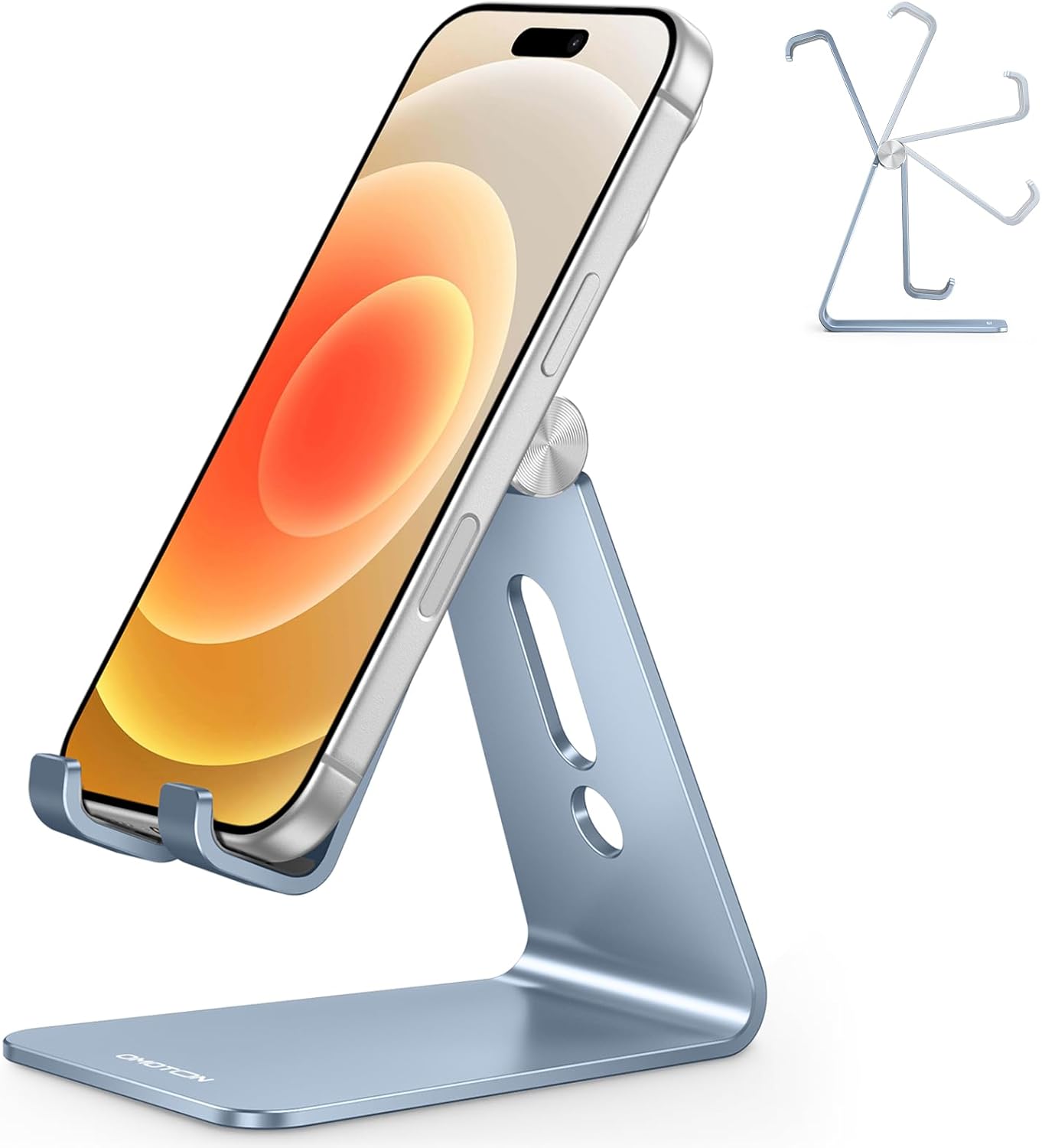 Adjustable Cell Phone Stand. OMOTON Aluminum Desktop Cellphone Stand with Anti-Slip Base and Convenient Charging Port. Fits All Smart Phones. Silver