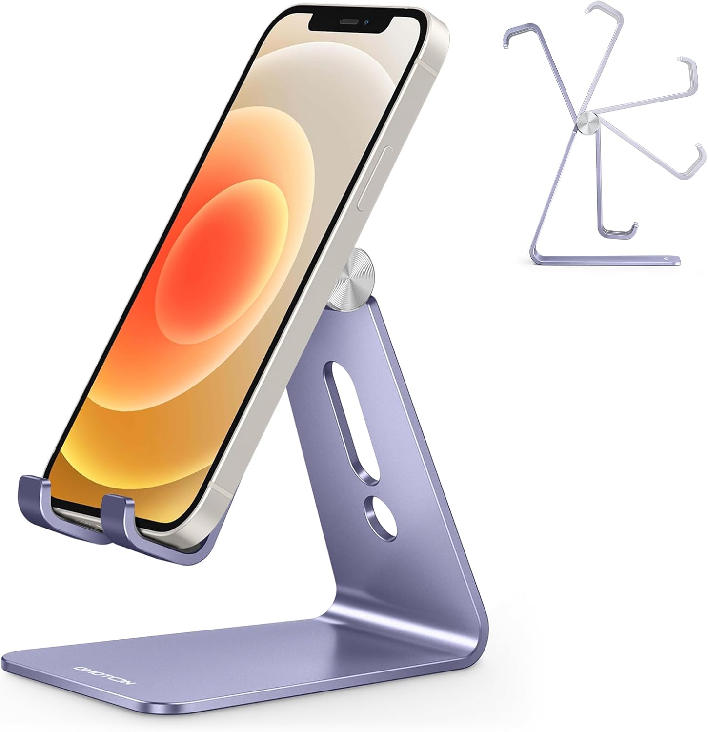 Adjustable Cell Phone Stand. OMOTON Aluminum Desktop Cellphone Stand with Anti-Slip Base and Convenient Charging Port. Fits All Smart Phones. Silver