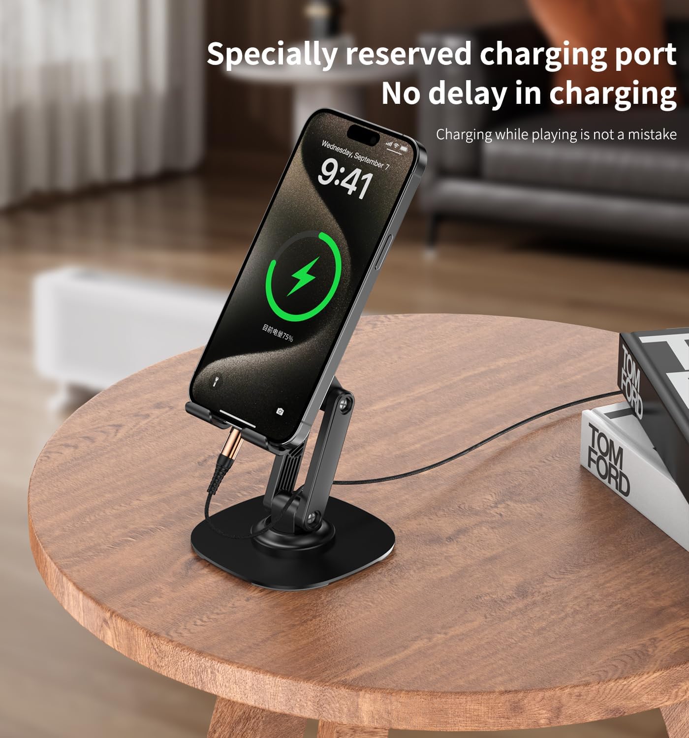 360° Degree Rotating Mobile Phone Holder.Fully Adjustable Foldable Desktop Phone Holder Stand Base.Foldable Desktop Cell Phone Stands for iPhone17 16 15 Pro Xr Xs Max X Plus iPad Samsung(K69-Black)